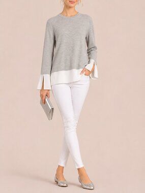 ST. JOHN Sweater Grey Wool Silk Contrast Tie Back Pullover Knit Top SZ P NEW